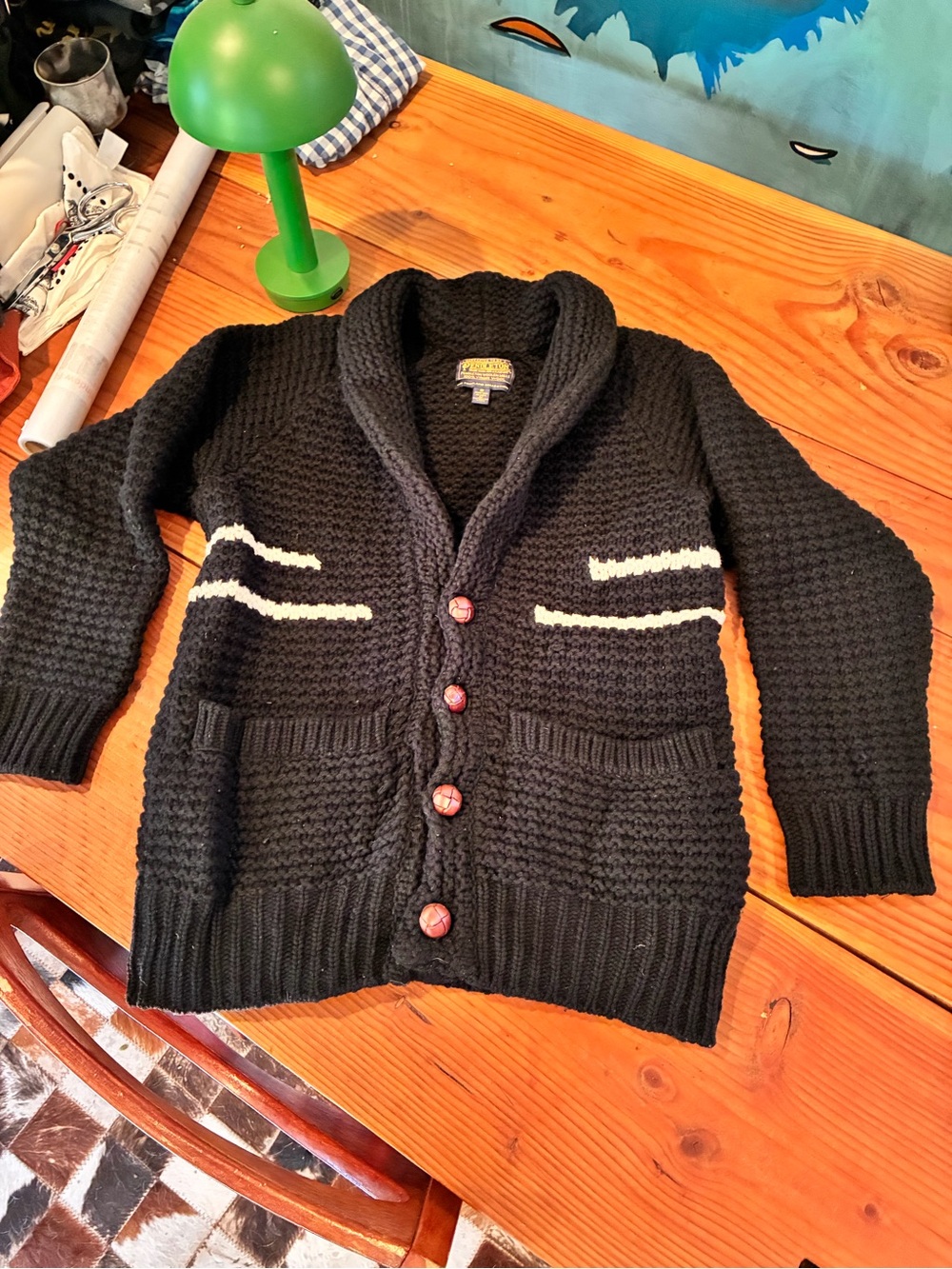 Pendleton Portland Black Shawl Collar Chunky Knit Cardigan with Cream Stripes